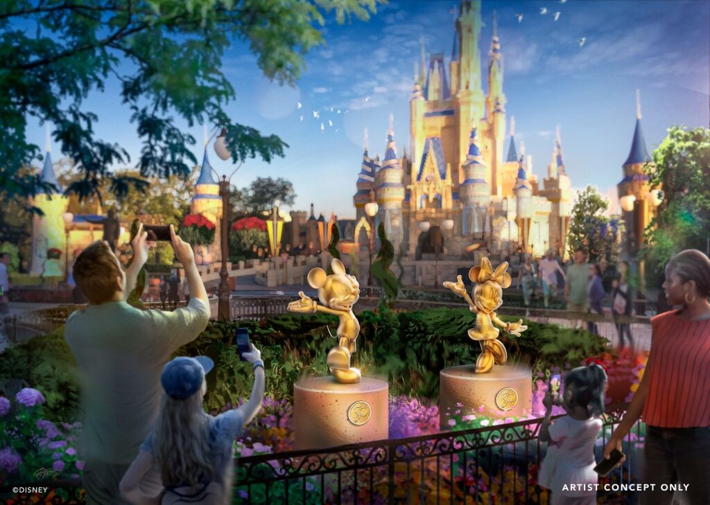 Estátuas douradas "Disney Fab 50"pelos parques